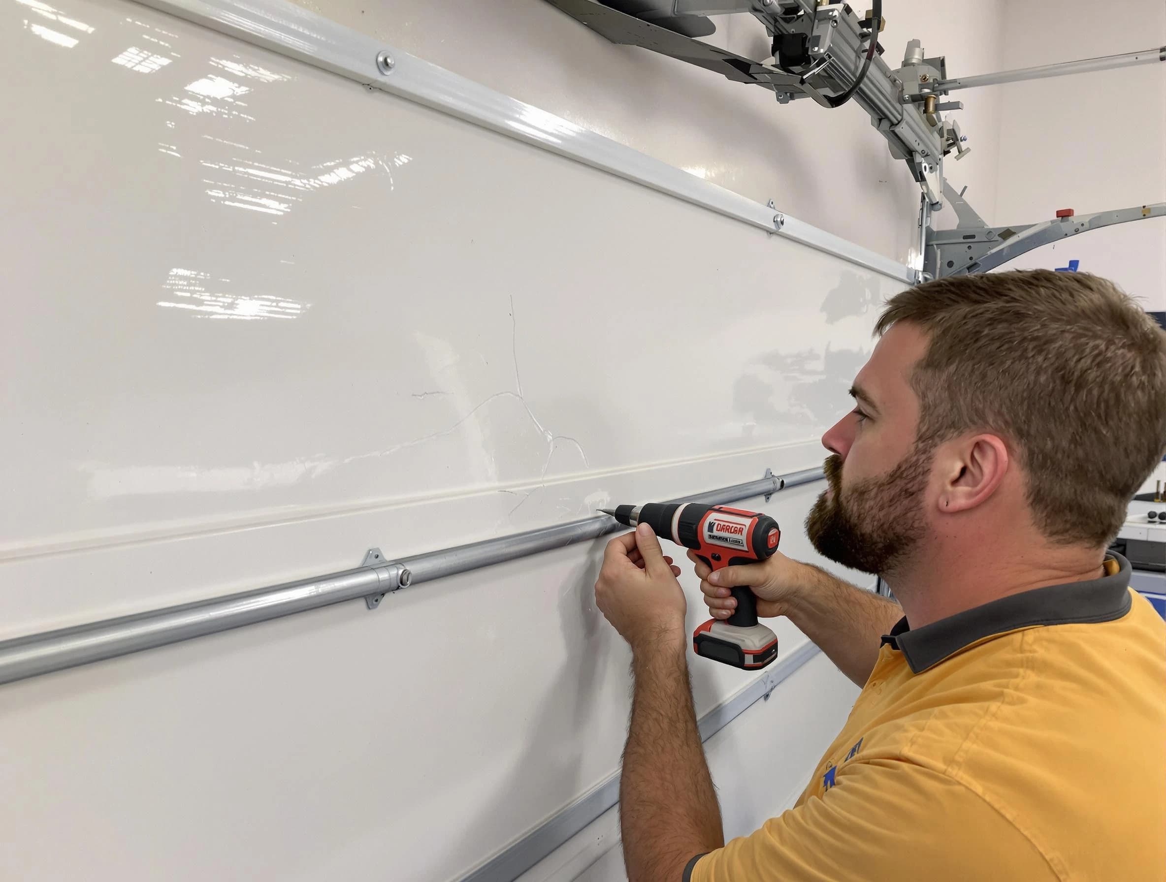 Eden Prairie Garage Door Repair expert performing dent repair on garage door in Eden Prairie