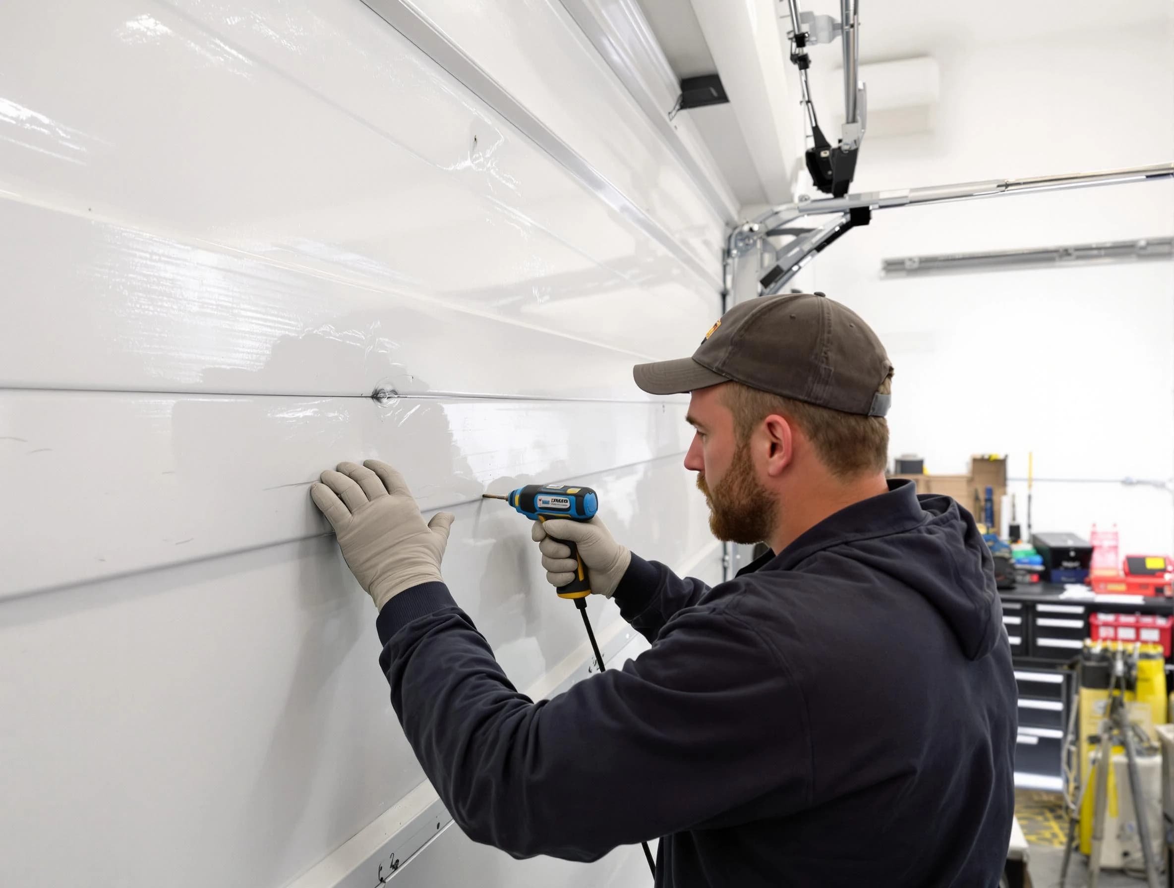 Eden Prairie Garage Door Repair technician demonstrating precision dent removal techniques on a Eden Prairie garage door