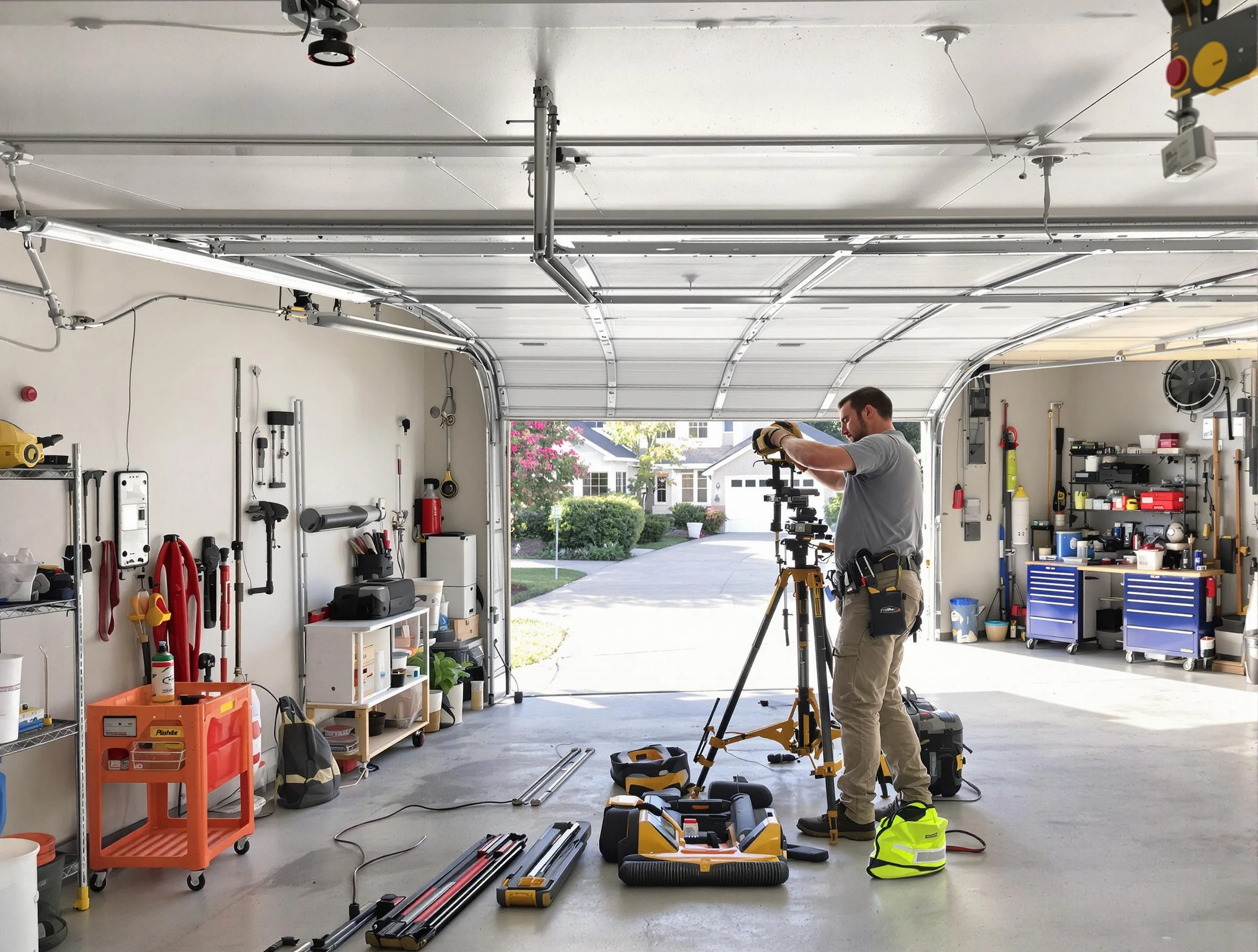 Eden Prairie Garage Door Repair specialist performing laser-guided track alignment in Eden Prairie